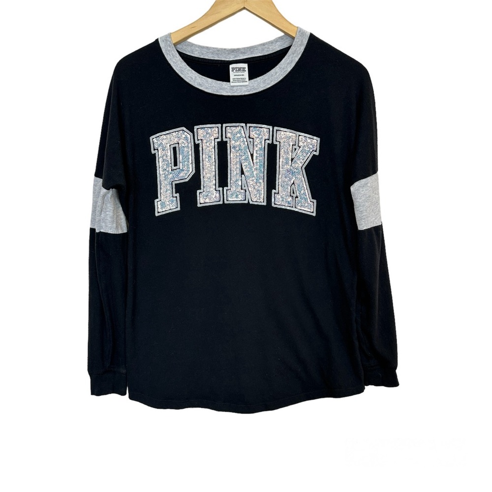 Victoria Secret‎ PINK Bling Sequins Black Long Sleeve Shirt Top Women’s Sz Small